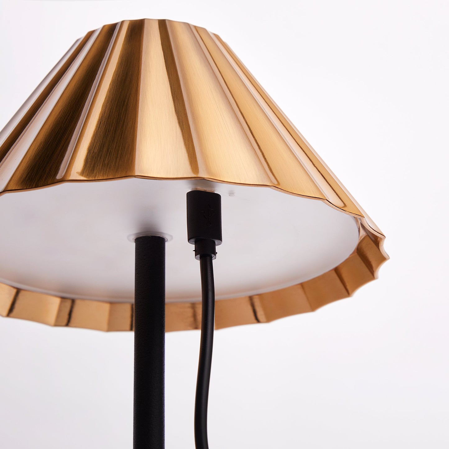 Twinky rechargeable floor lamp in black with a brass hood