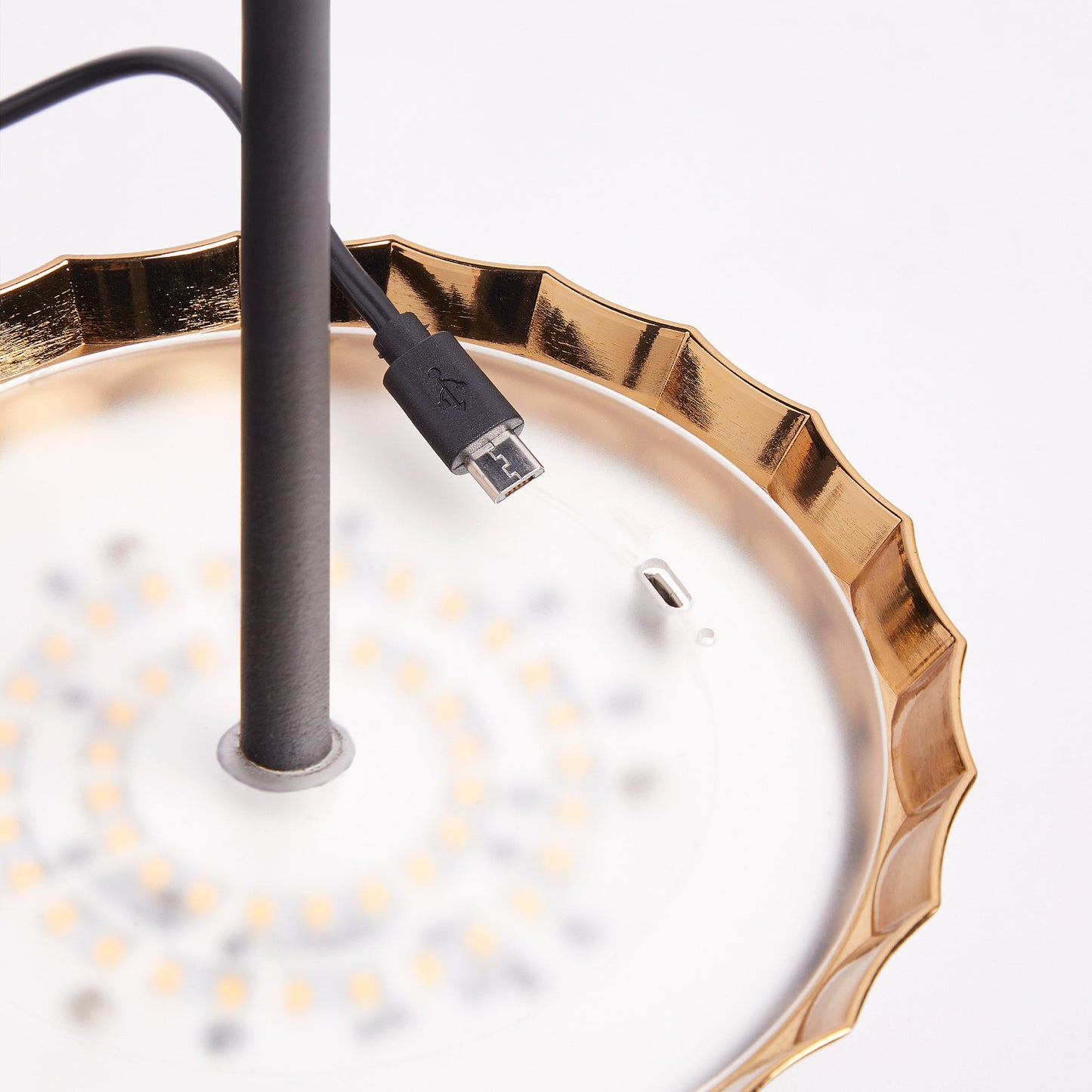 Twinky rechargeable floor lamp in black with a brass hood