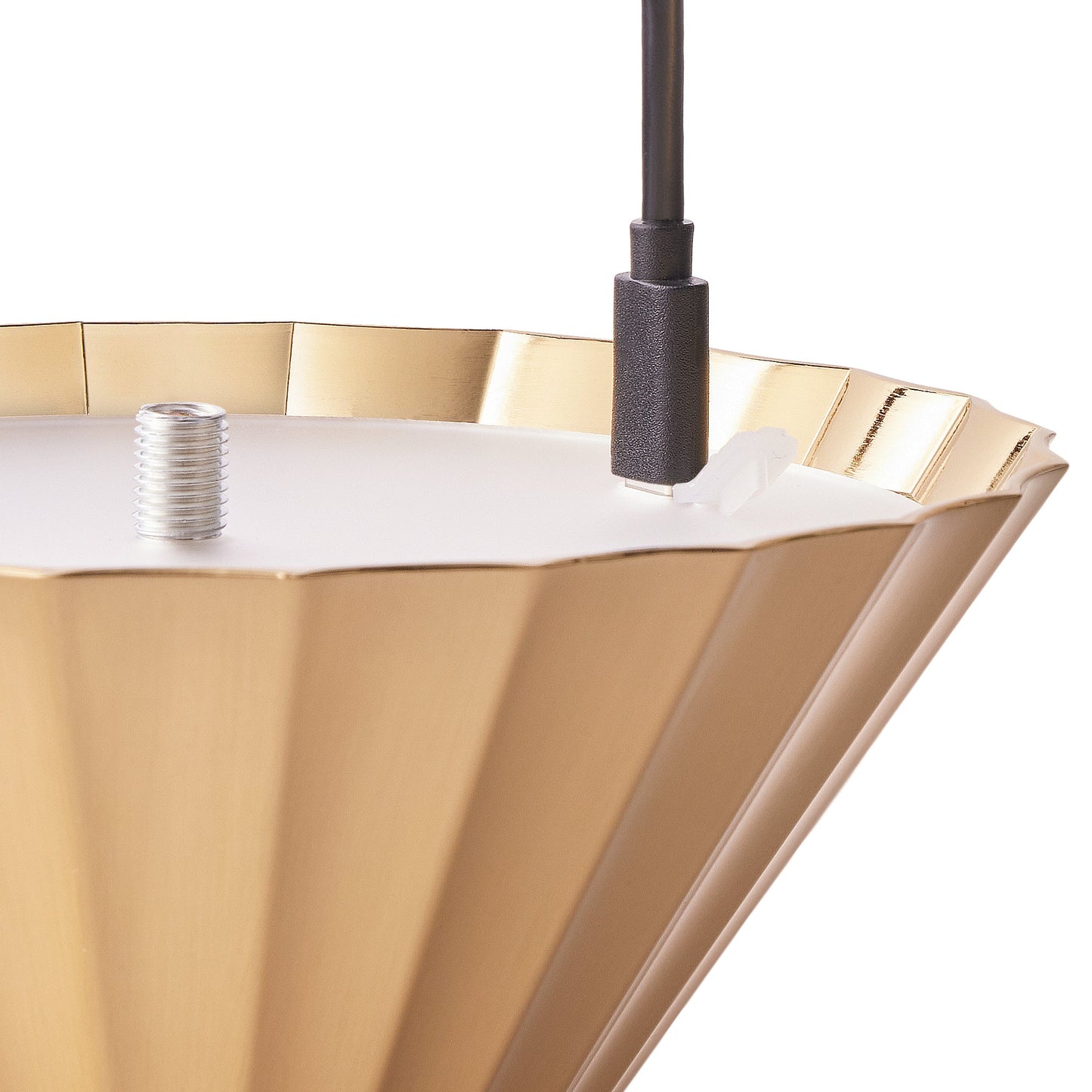 Twinky rechargeable floor lamp in black with a brass hood