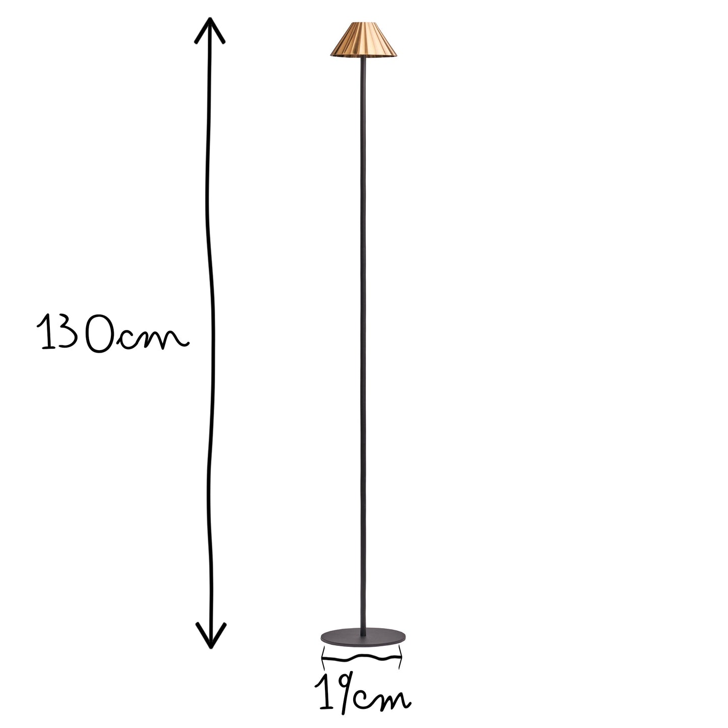 Twinky rechargeable floor lamp in black with a brass hood