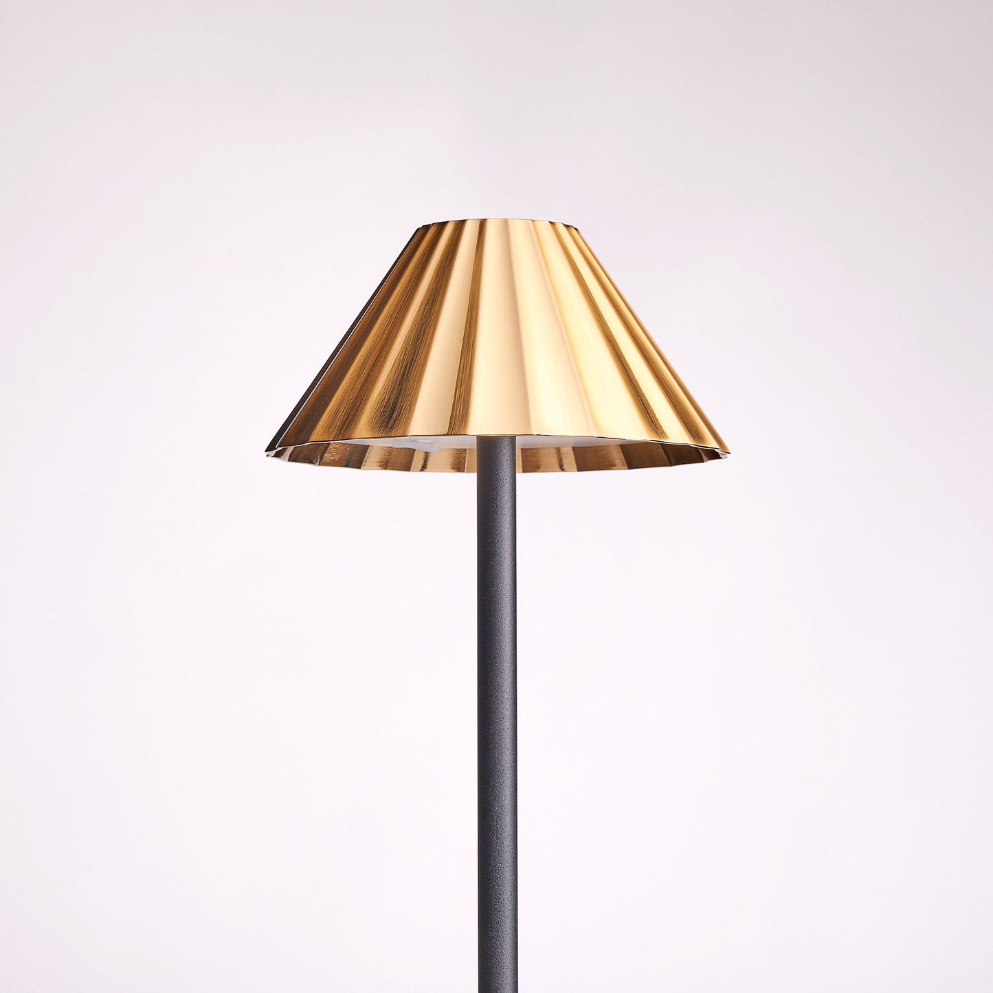 Twinky rechargeable floor lamp in black with a brass hood
