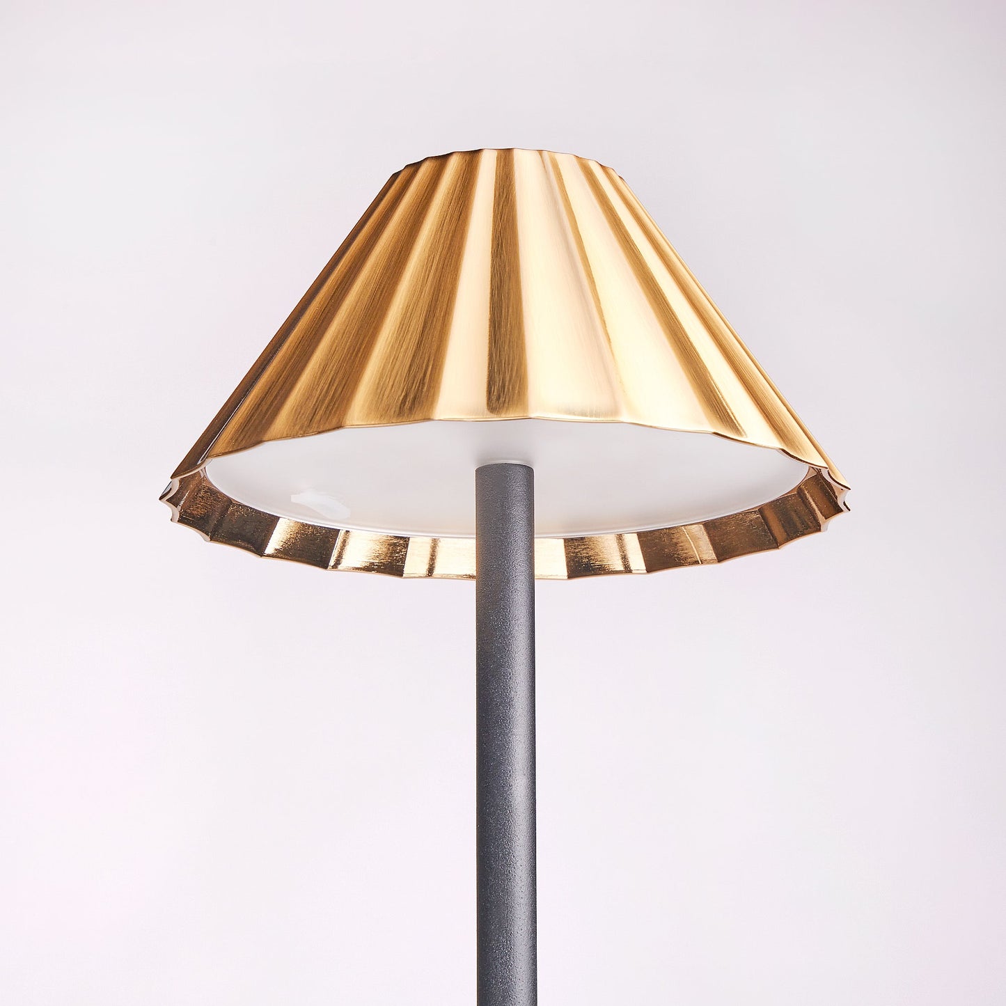Twinky rechargeable floor lamp in black with a brass hood