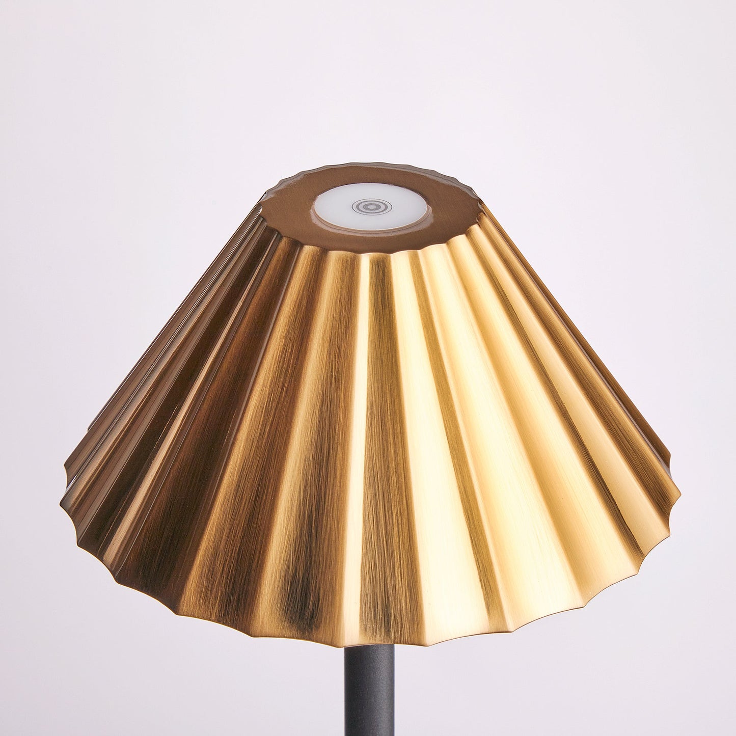 Twinky rechargeable floor lamp in black with a brass hood