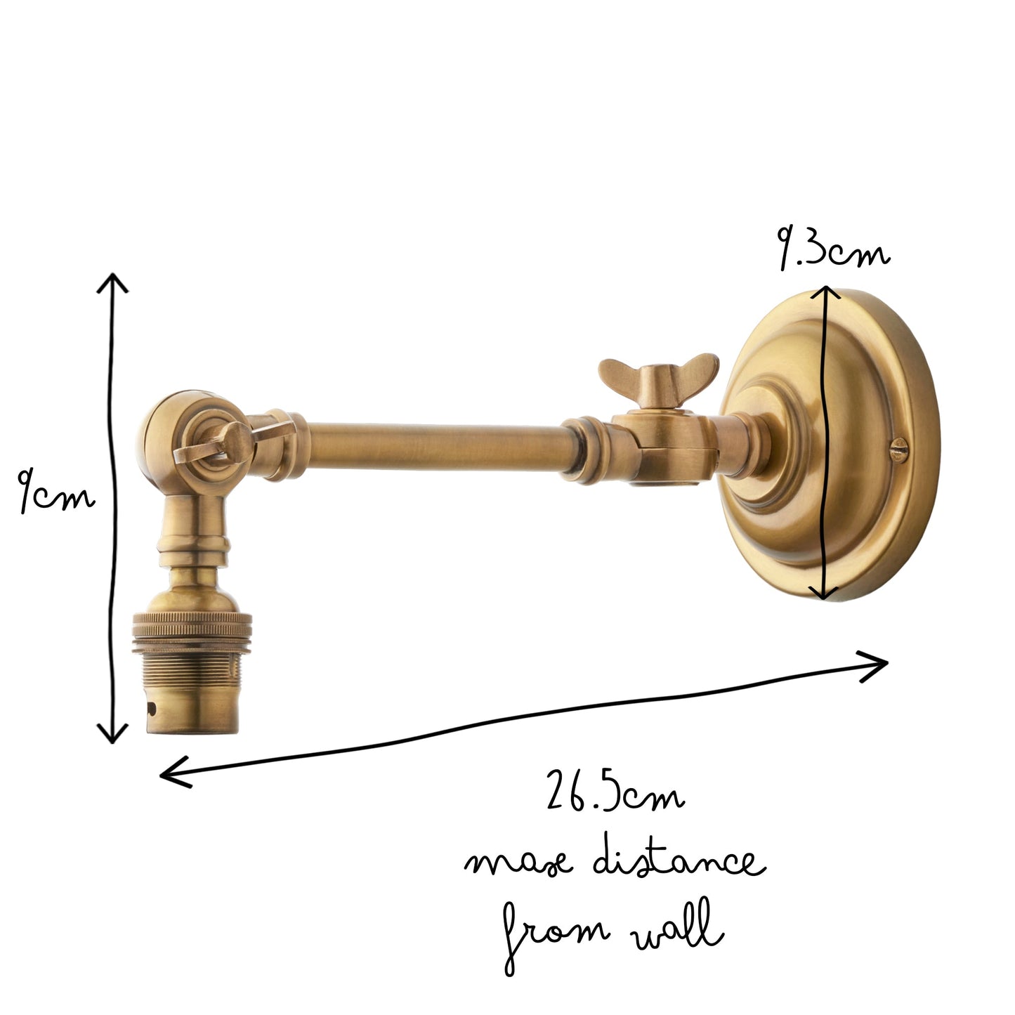 Double jointed wall fitting in antiqued brass