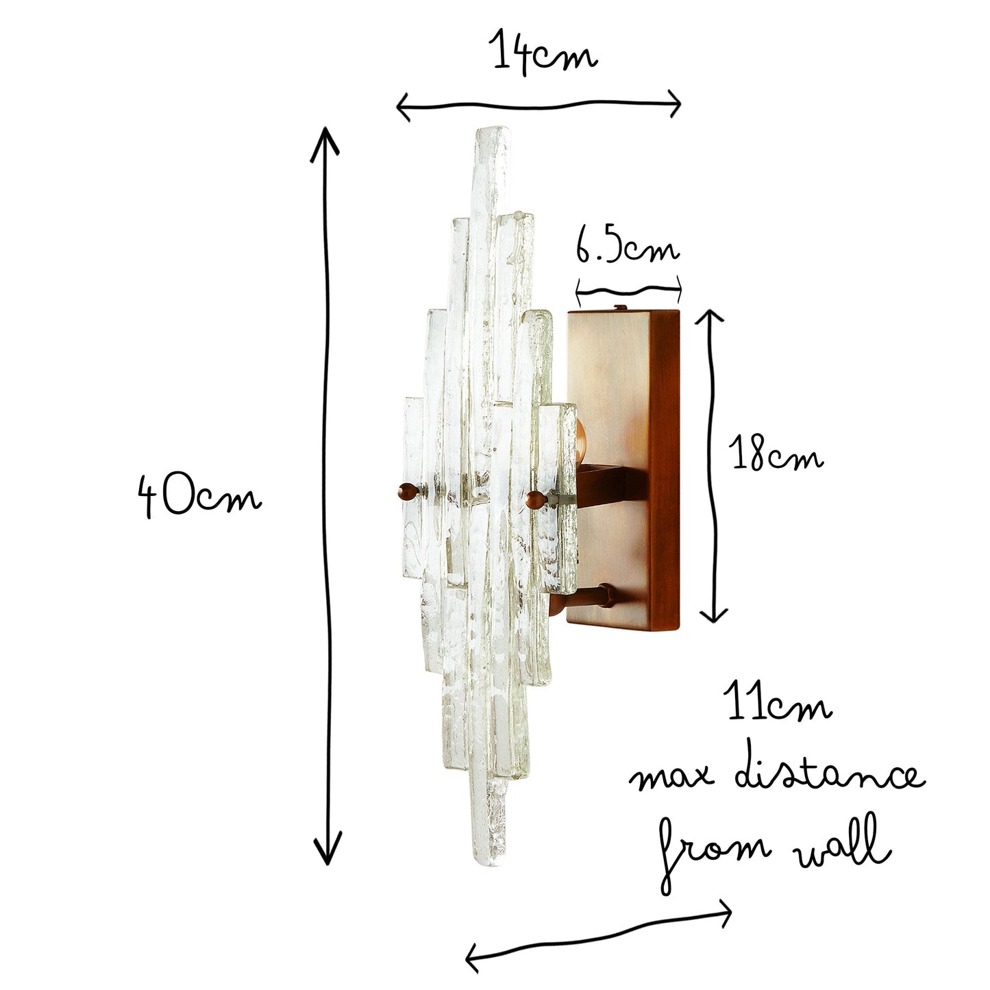 Skystar wall sconce with stepped clear recycled glass strips
