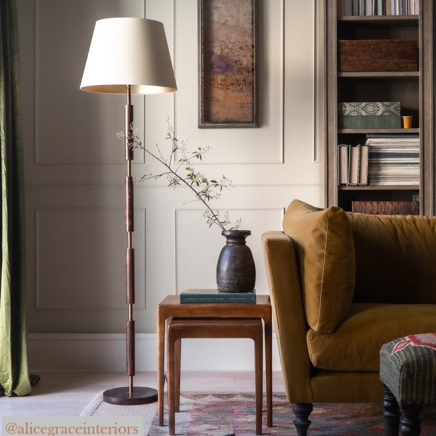 Skellig floor lamp in burnt wood and brass