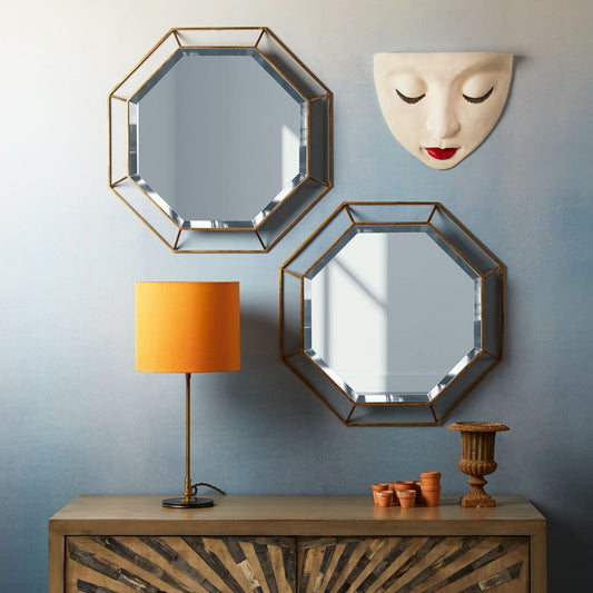 Octagon mirror in clear glass with antique gold frame