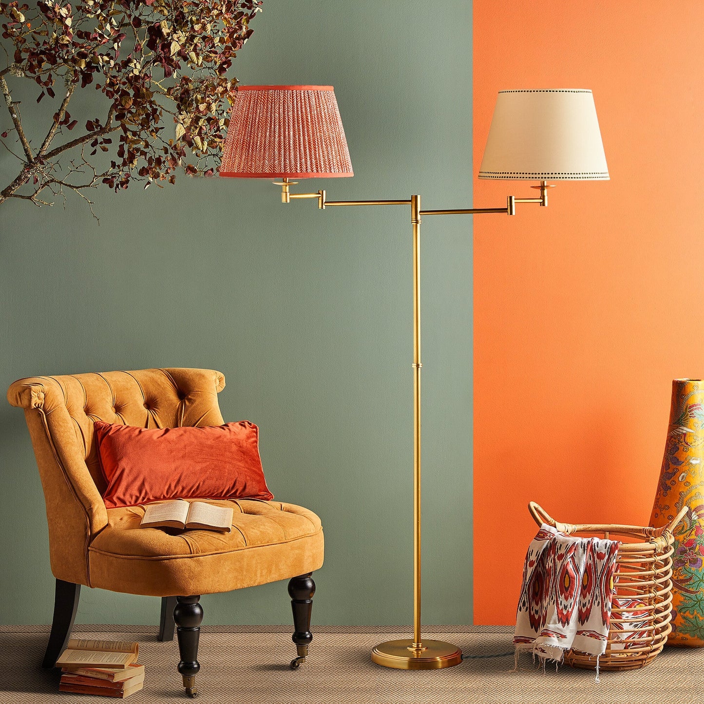 Double Swing standing lamp in antique brass